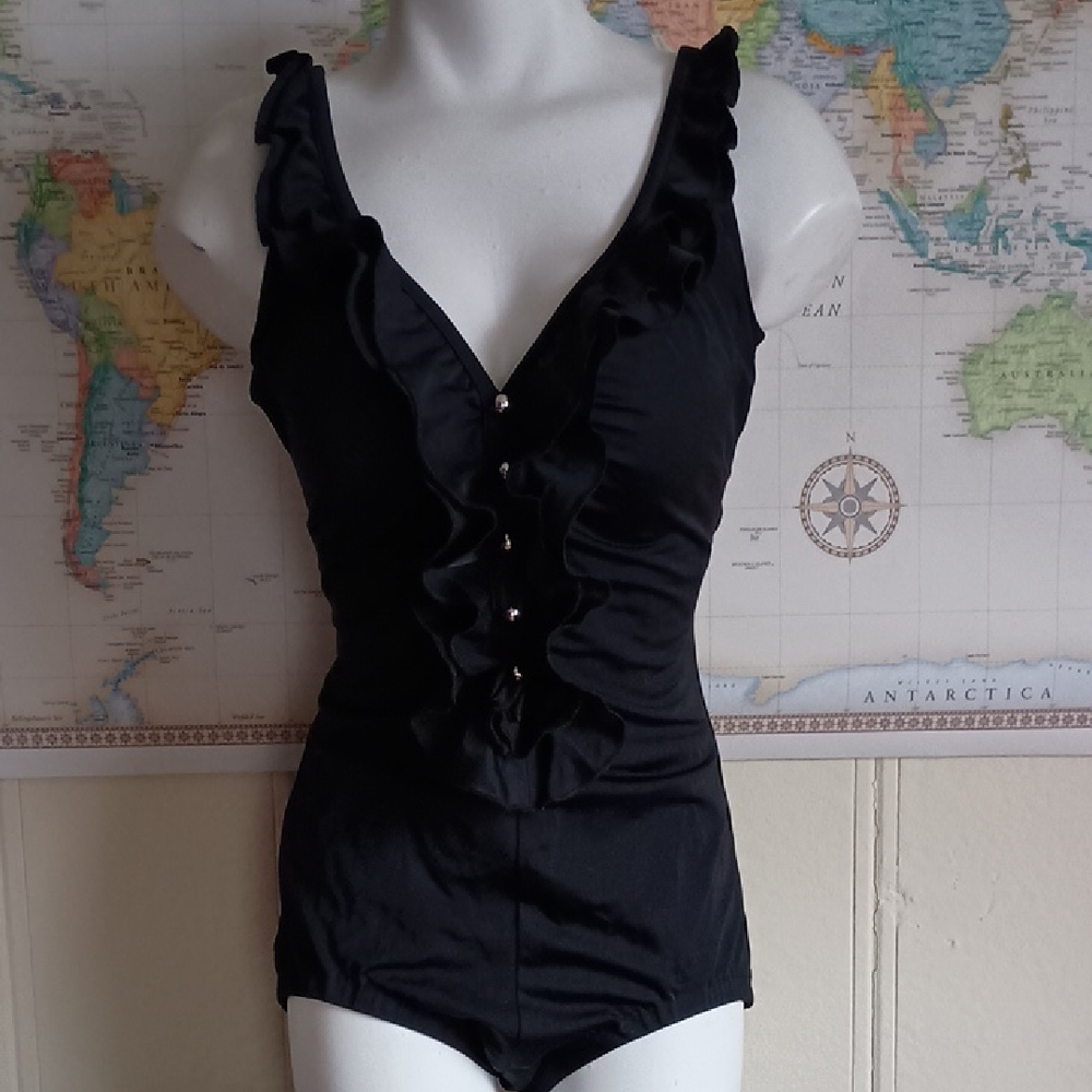 Rose Marie Reid Black Ruffled One-Piece Swimsuit